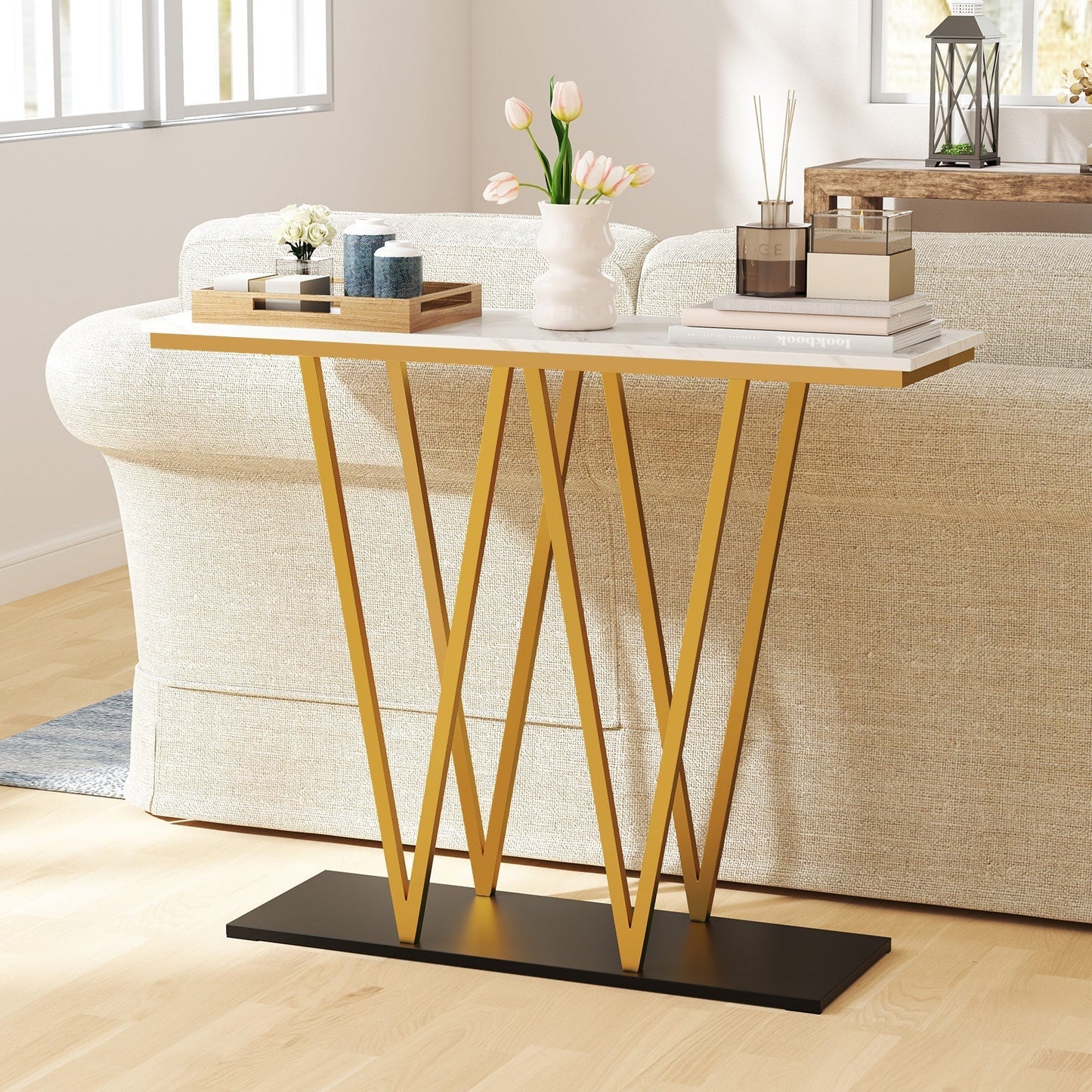 Modern Accent Extra Long Console Entry Table with Faux Marble Top-White