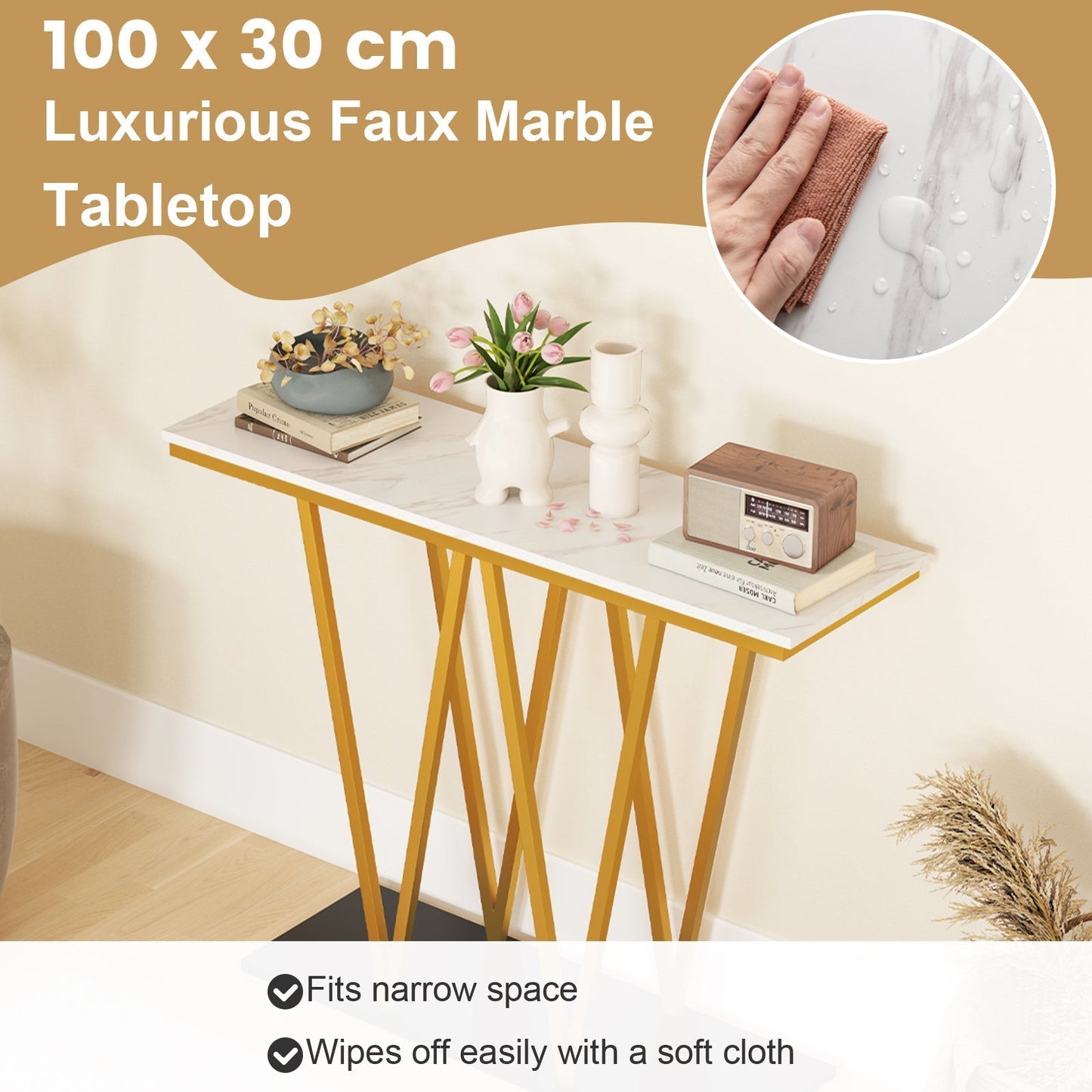 Modern Accent Extra Long Console Entry Table with Faux Marble Top-White