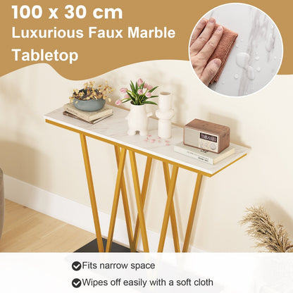 Modern Accent Extra Long Console Entry Table with Faux Marble Top-White