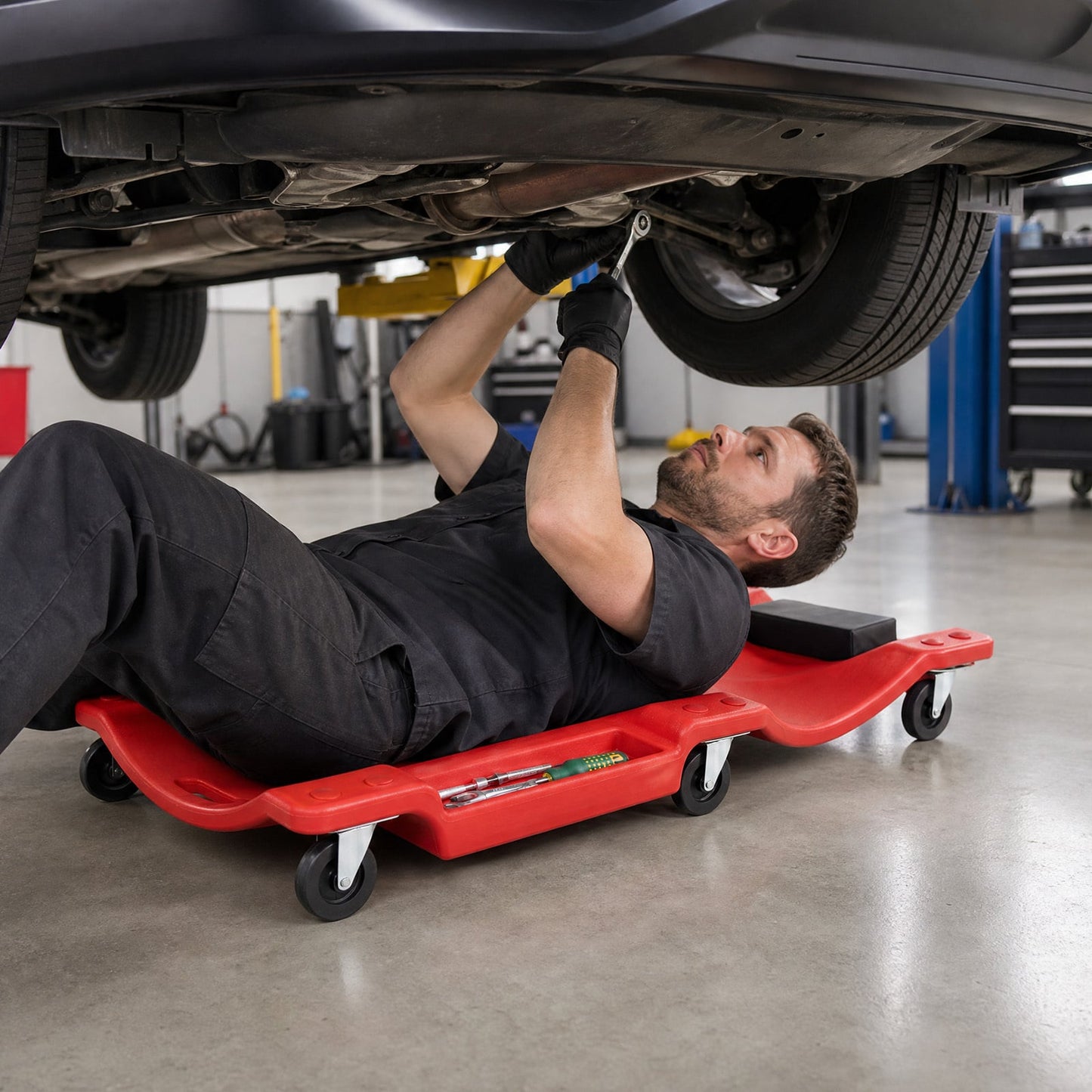101 CM Low Profile Rolling Garage Creeper with Padded Headrest-Red