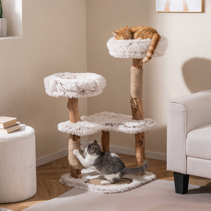 101CM Cat Tree Tower with Real Wood Natural Branch and 2 Padded Perches-Natural & White