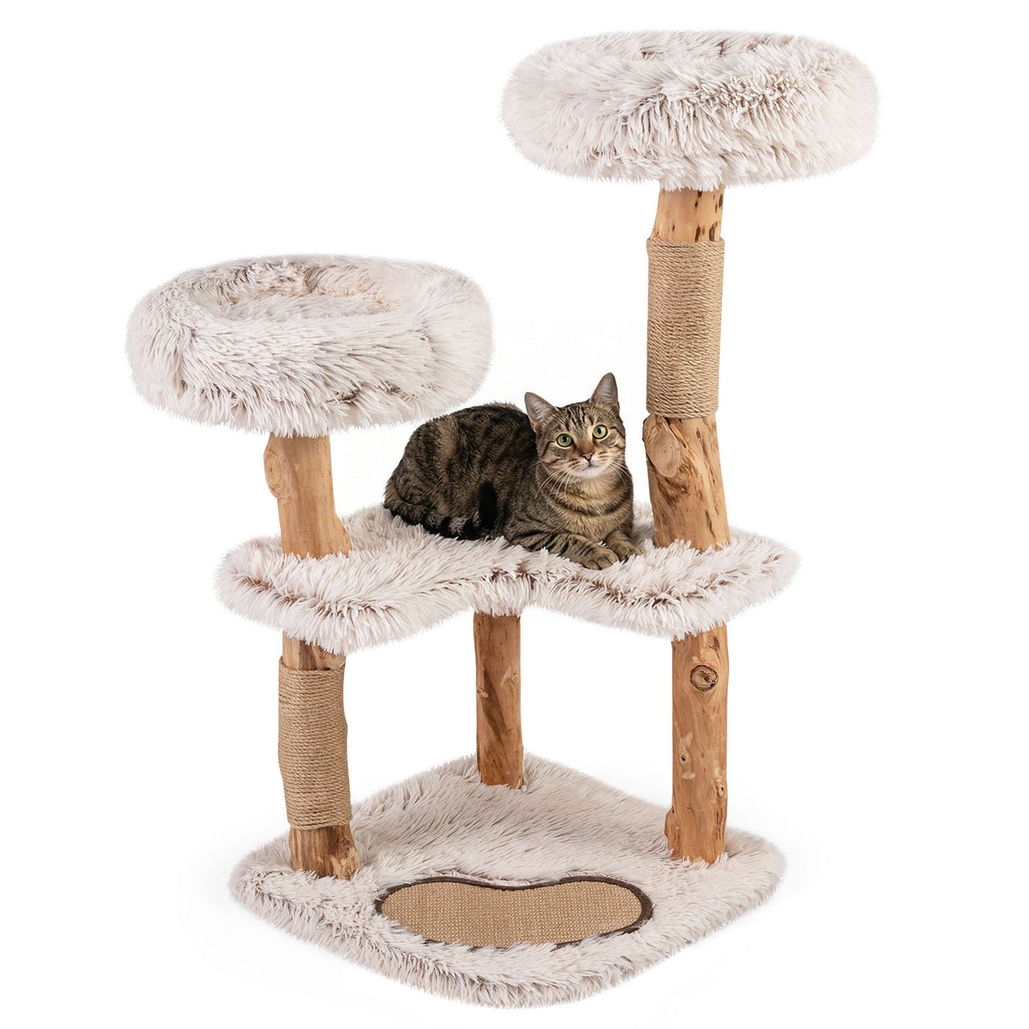 101CM Cat Tree Tower with Real Wood Natural Branch and 2 Padded Perches-Natural & White