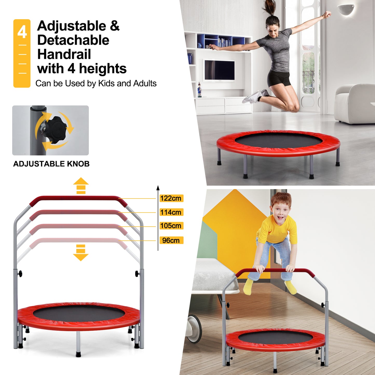 101cm Foldable Trampoline with 4-Level Adjustable Handle for Adults-Red