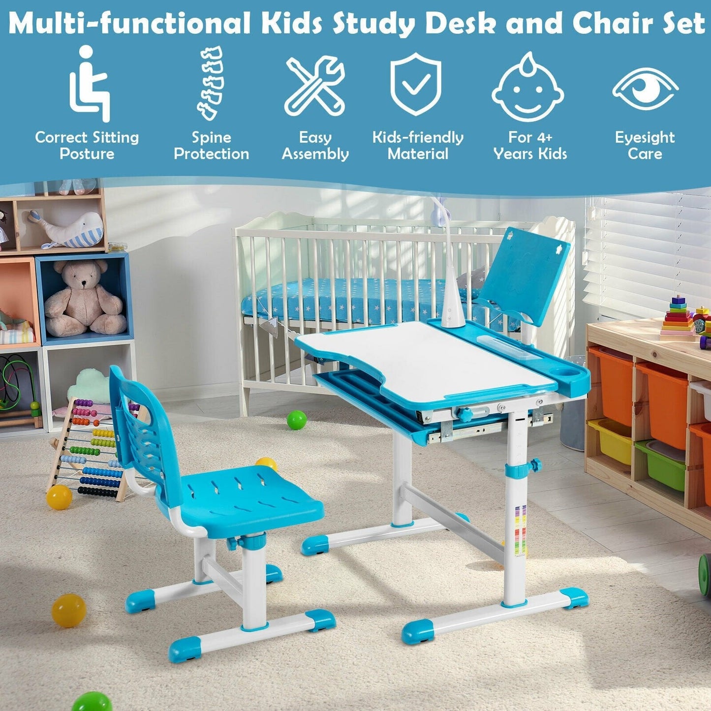 Height Adjustable Kid's Tilted Desk Set with Lamp & Drawer-Blue