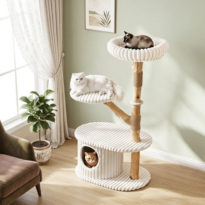 105 CM Tall Modern Cat Tower with Real Wood Branches and Scratching Posts for Cats-Beige