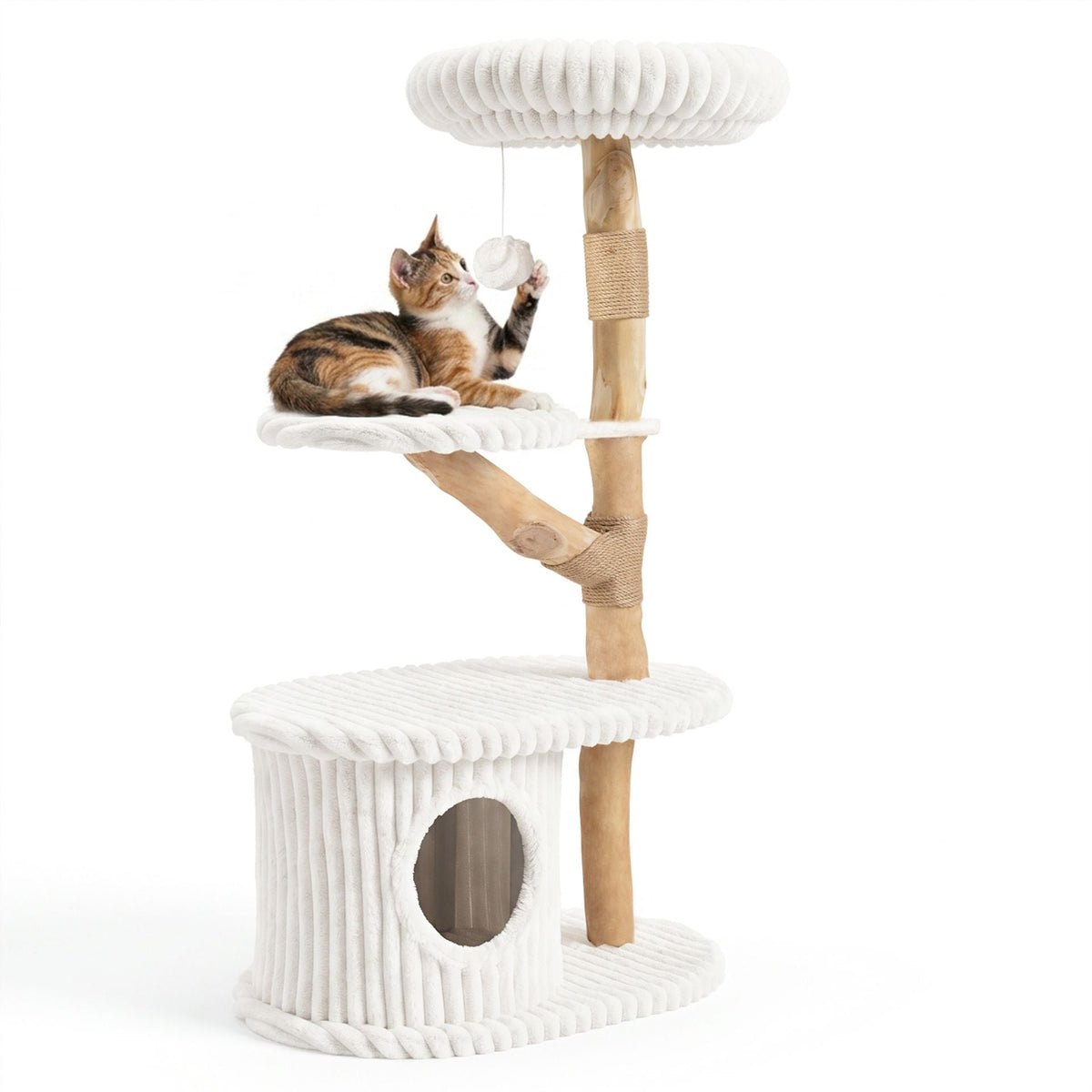 105 CM Tall Modern Cat Tower with Real Wood Branches and Scratching Posts for Cats-Beige