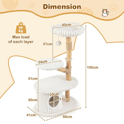 105 CM Tall Modern Cat Tower with Real Wood Branches and Scratching Posts for Cats-Beige