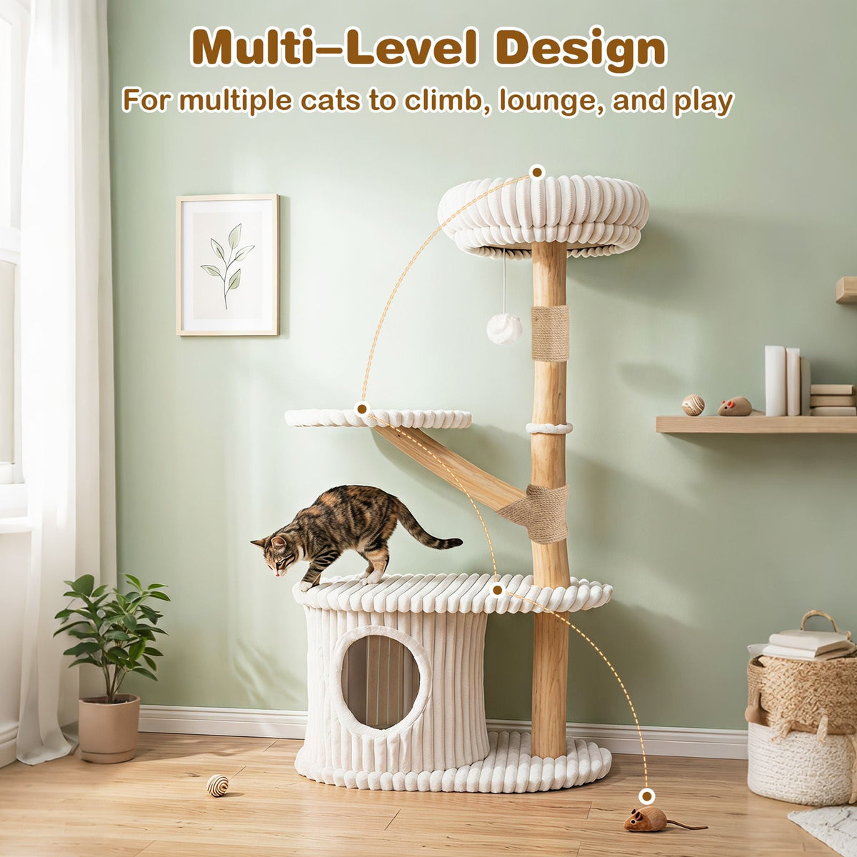 105 CM Tall Modern Cat Tower with Real Wood Branches and Scratching Posts for Cats-Beige