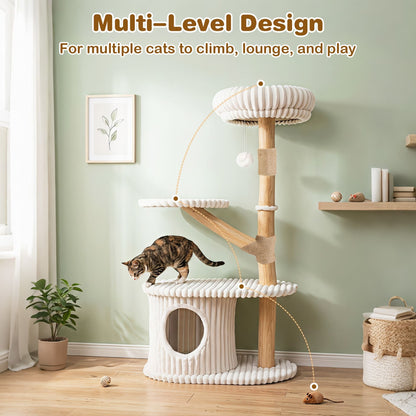 105 CM Tall Modern Cat Tower with Real Wood Branches and Scratching Posts for Cats-Beige