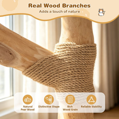 105 CM Tall Modern Cat Tower with Real Wood Branches and Scratching Posts for Cats-Beige