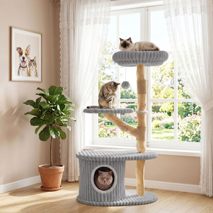 105 CM Tall Modern Cat Tower with Real Wood Branches and Scratching Posts for Cats-Grey