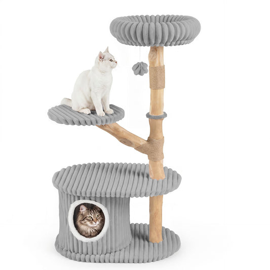 105 CM Tall Modern Cat Tower with Real Wood Branches and Scratching Posts for Cats-Grey