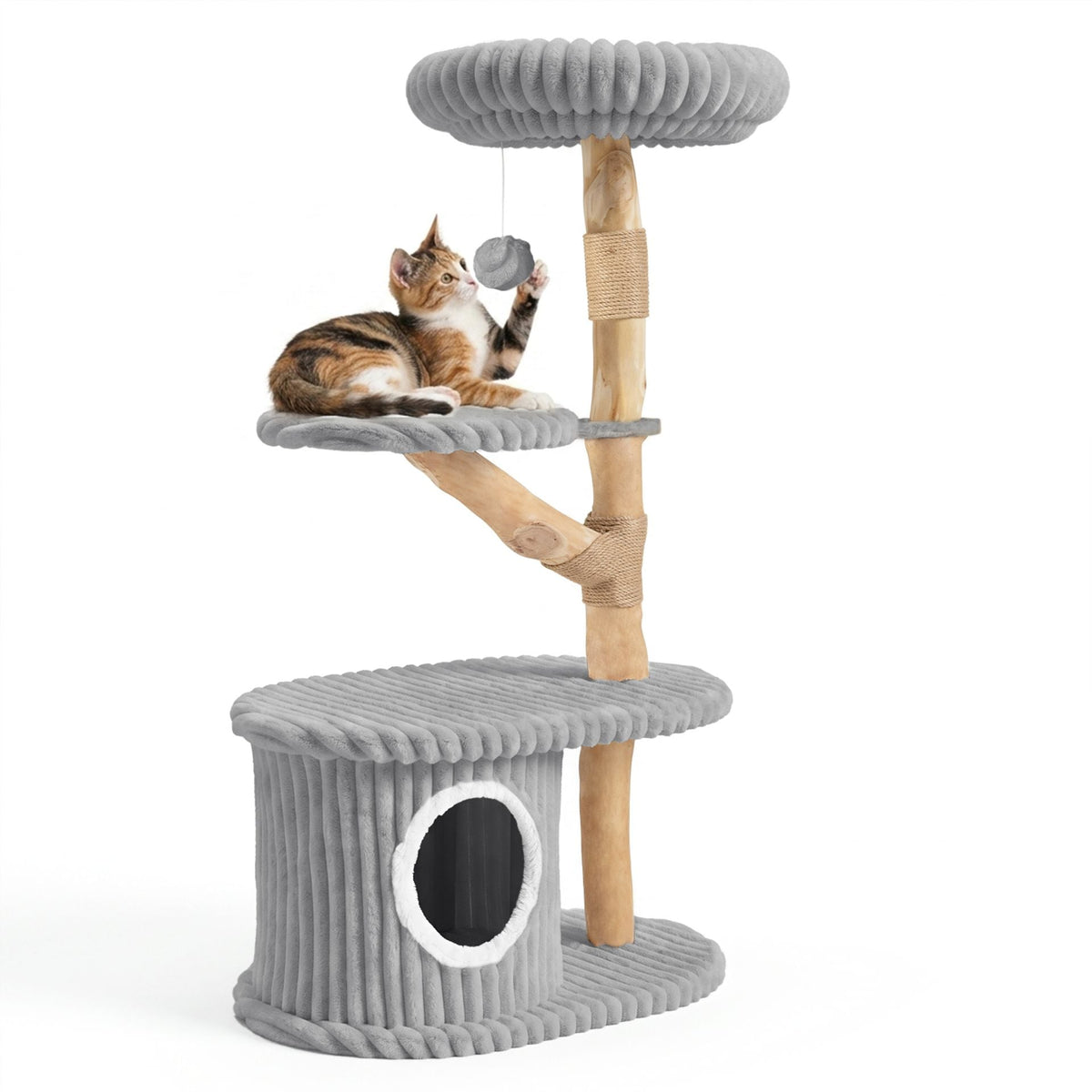 105 CM Tall Modern Cat Tower with Real Wood Branches and Scratching Posts for Cats-Grey