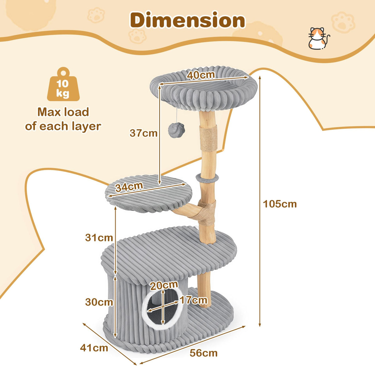 105 CM Tall Modern Cat Tower with Real Wood Branches and Scratching Posts for Cats-Grey