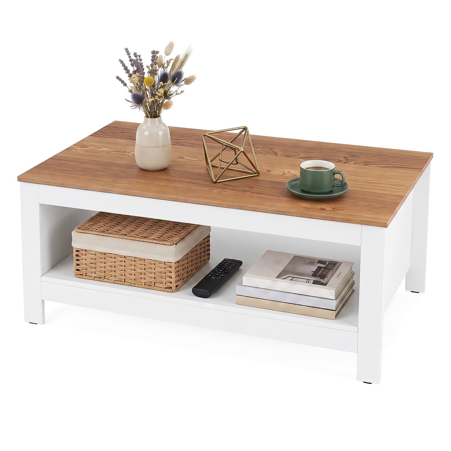 105 cm 2-Tier Farmhouse Coffee Table with Wood Grain Top & Open Storage Shelf-Natural & White