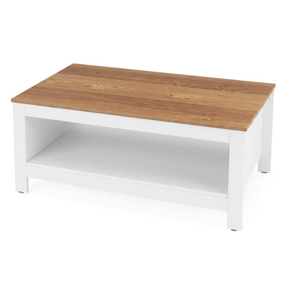 105 cm 2-Tier Farmhouse Coffee Table with Wood Grain Top & Open Storage Shelf-Natural & White