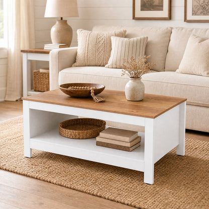 105 cm 2-Tier Farmhouse Coffee Table with Wood Grain Top & Open Storage Shelf-Natural & White