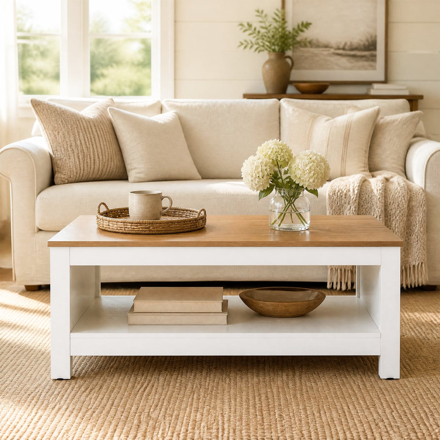 105 cm 2-Tier Farmhouse Coffee Table with Wood Grain Top & Open Storage Shelf-Natural & White