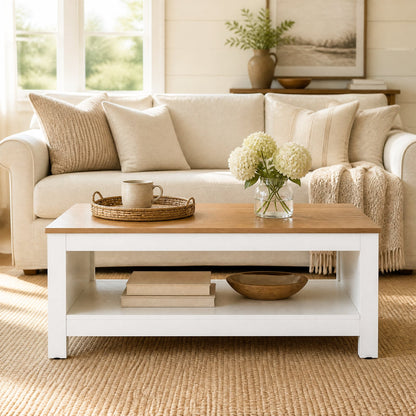 105 cm 2-Tier Farmhouse Coffee Table with Wood Grain Top & Open Storage Shelf-Natural & White