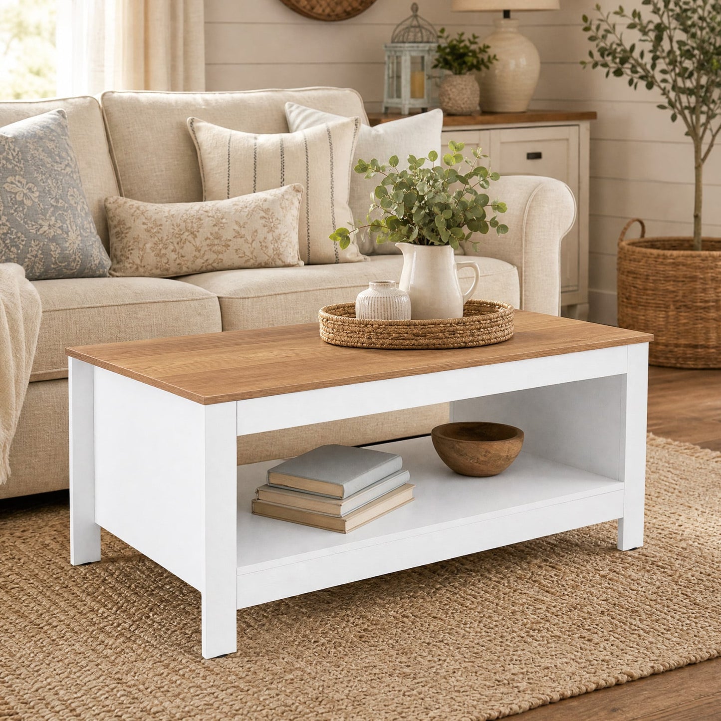 105 cm 2-Tier Farmhouse Coffee Table with Wood Grain Top & Open Storage Shelf-Natural & White