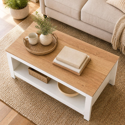 105 cm 2-Tier Farmhouse Coffee Table with Wood Grain Top & Open Storage Shelf-Natural & White