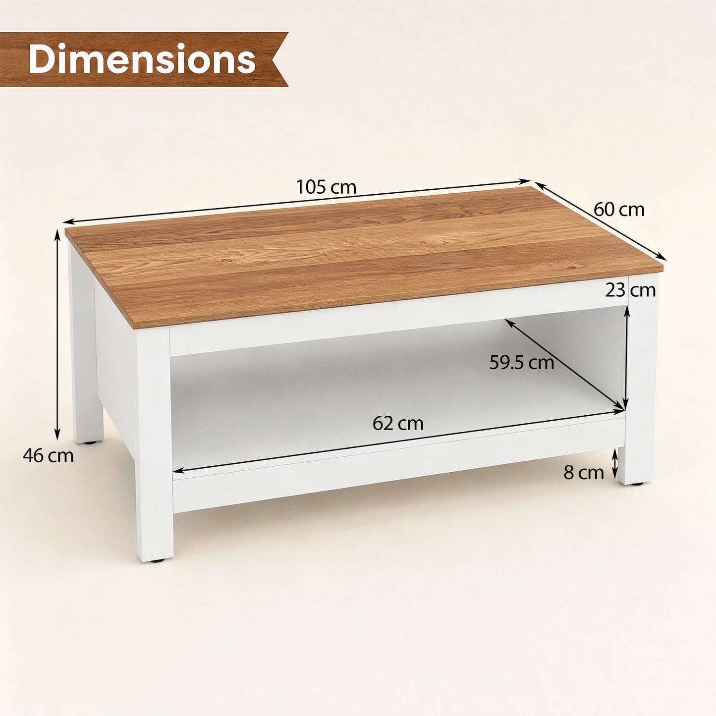 105 cm 2-Tier Farmhouse Coffee Table with Wood Grain Top & Open Storage Shelf-Natural & White