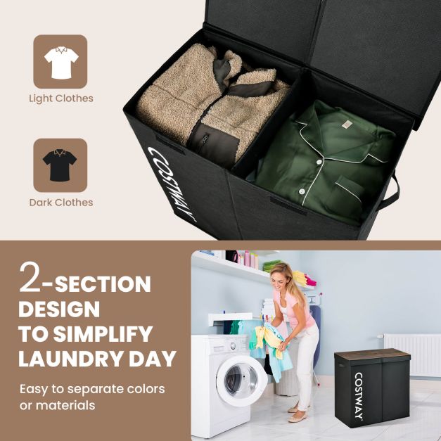 105L Laundry Hamper with Wooden Lid and 2 Sections-Black