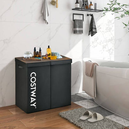 105L Laundry Hamper with Wooden Lid and 2 Sections-Black