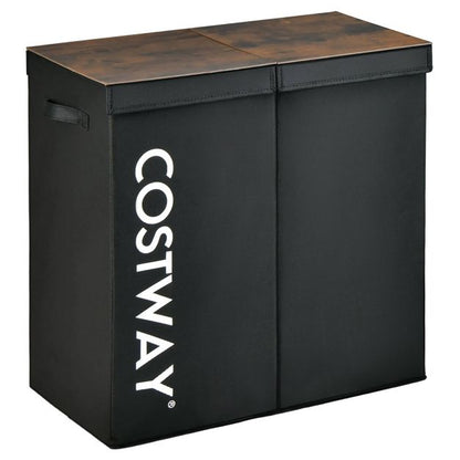 105L Laundry Hamper with Wooden Lid and 2 Sections-Black