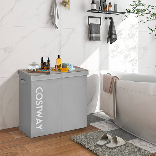 105L Laundry Hamper with Wooden Lid and 2 Sections-Grey