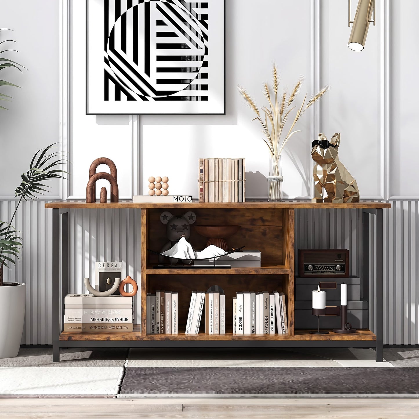 106 CM TV Stand with Power Outlet Open Storage and Adjustable Shelf-Coffee
