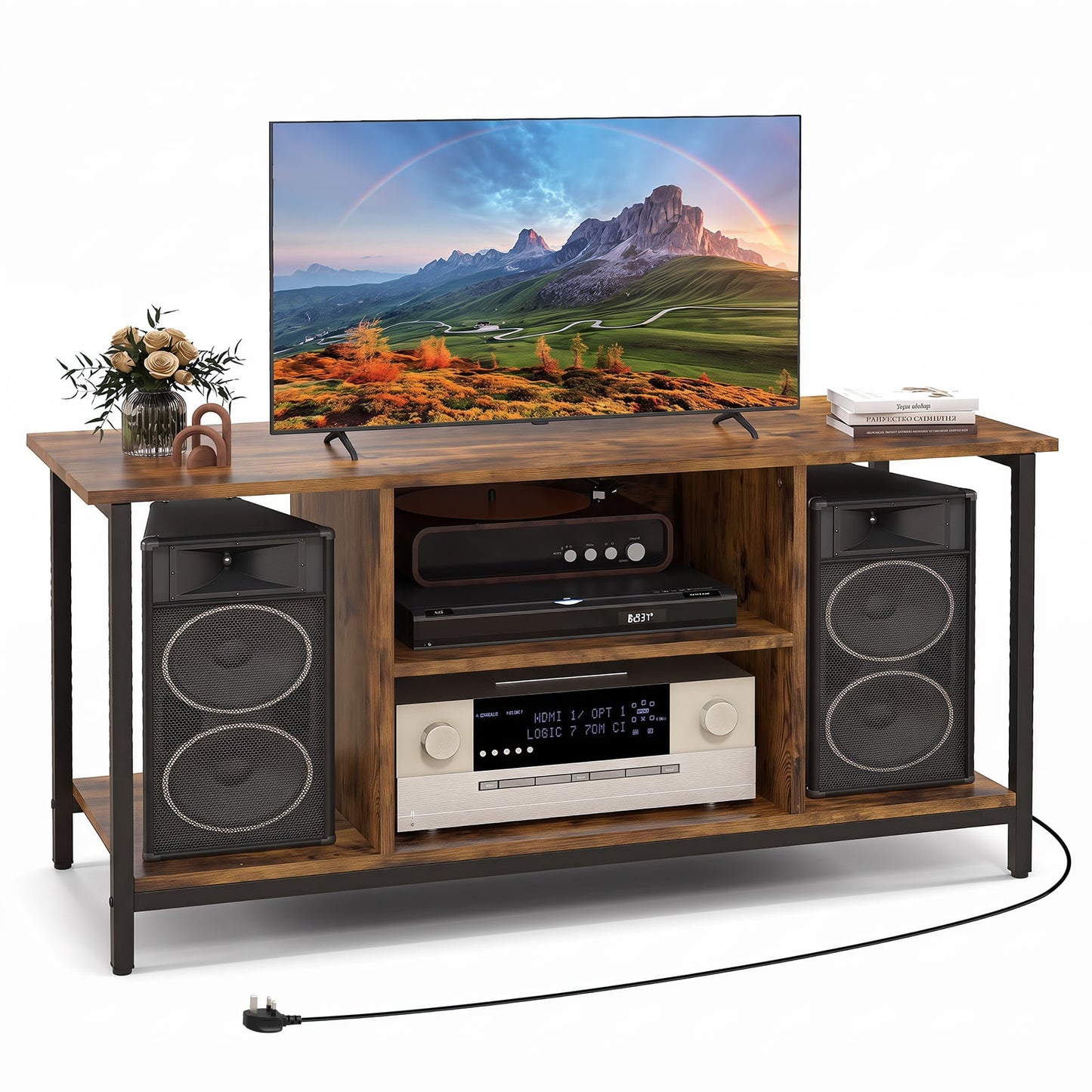 106 CM TV Stand with Power Outlet Open Storage and Adjustable Shelf-Coffee