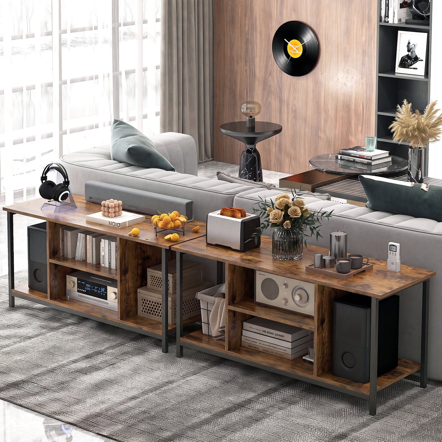 106 CM TV Stand with Power Outlet Open Storage and Adjustable Shelf-Coffee