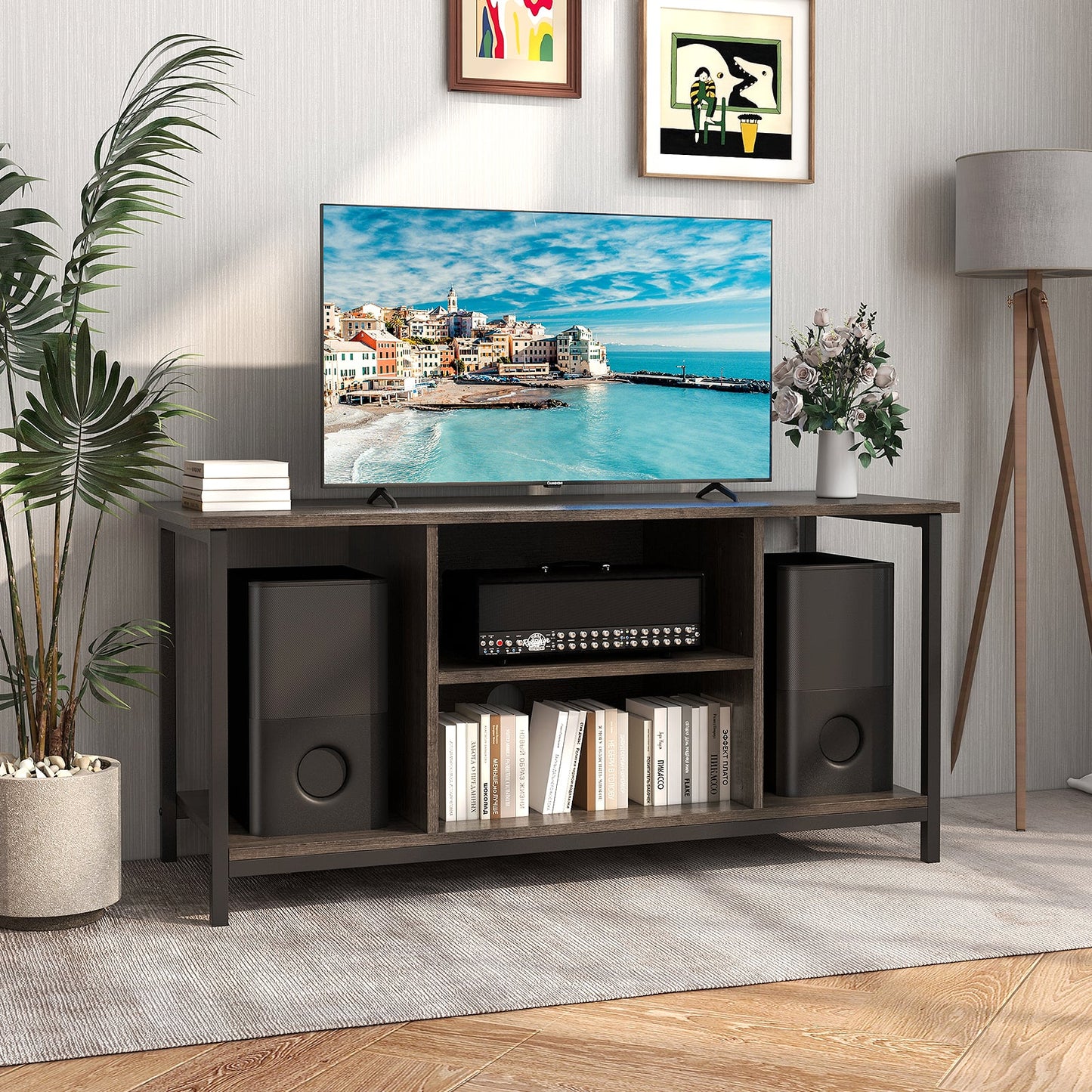 106 CM TV Stand with Power Outlet Open Storage and Adjustable Shelf-Grey