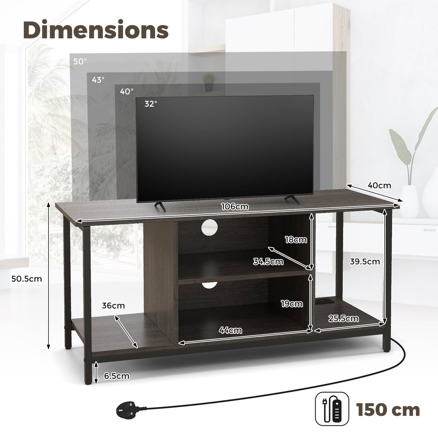 106 CM TV Stand with Power Outlet Open Storage and Adjustable Shelf-Grey