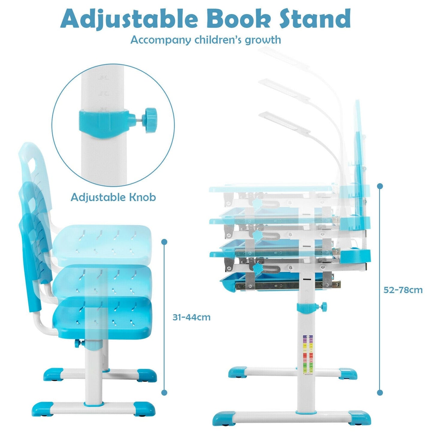 Height Adjustable Kid's Tilted Desk Set with Lamp & Drawer-Blue