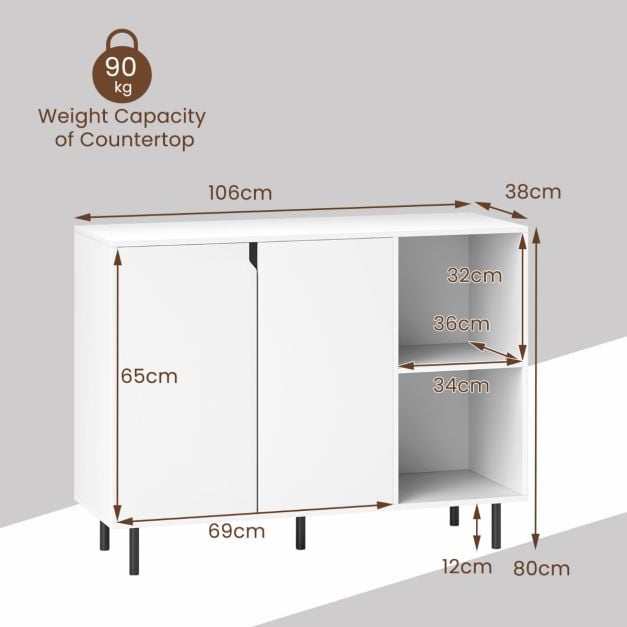 106cm Sideboard Buffet Cabinet with 2 Doors and Adjustable Shelves-White