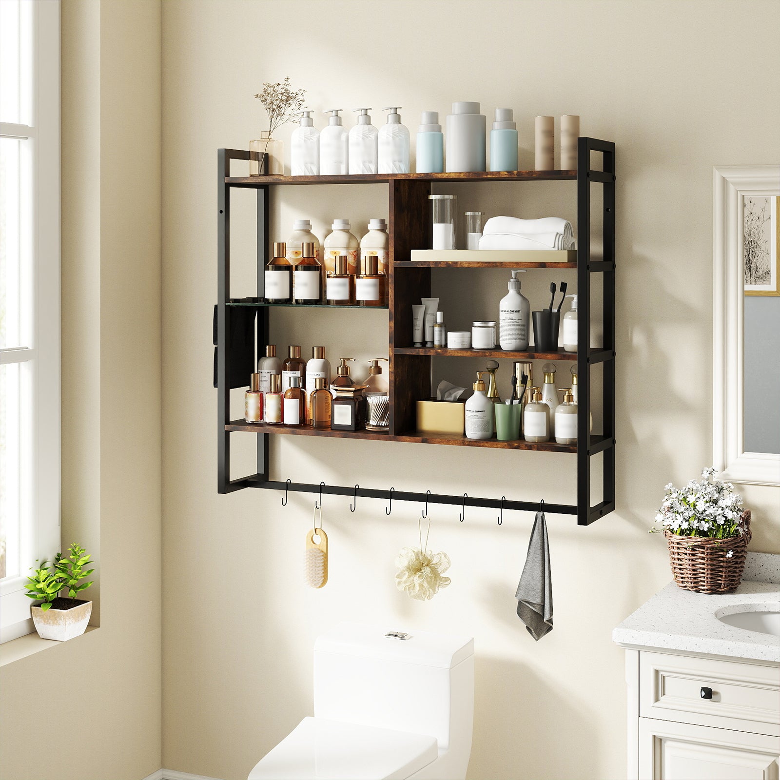 107 CM Industrial Floating Shelves 6-Tier Wall Mounted Shelf with 8 S-Hooks-Black