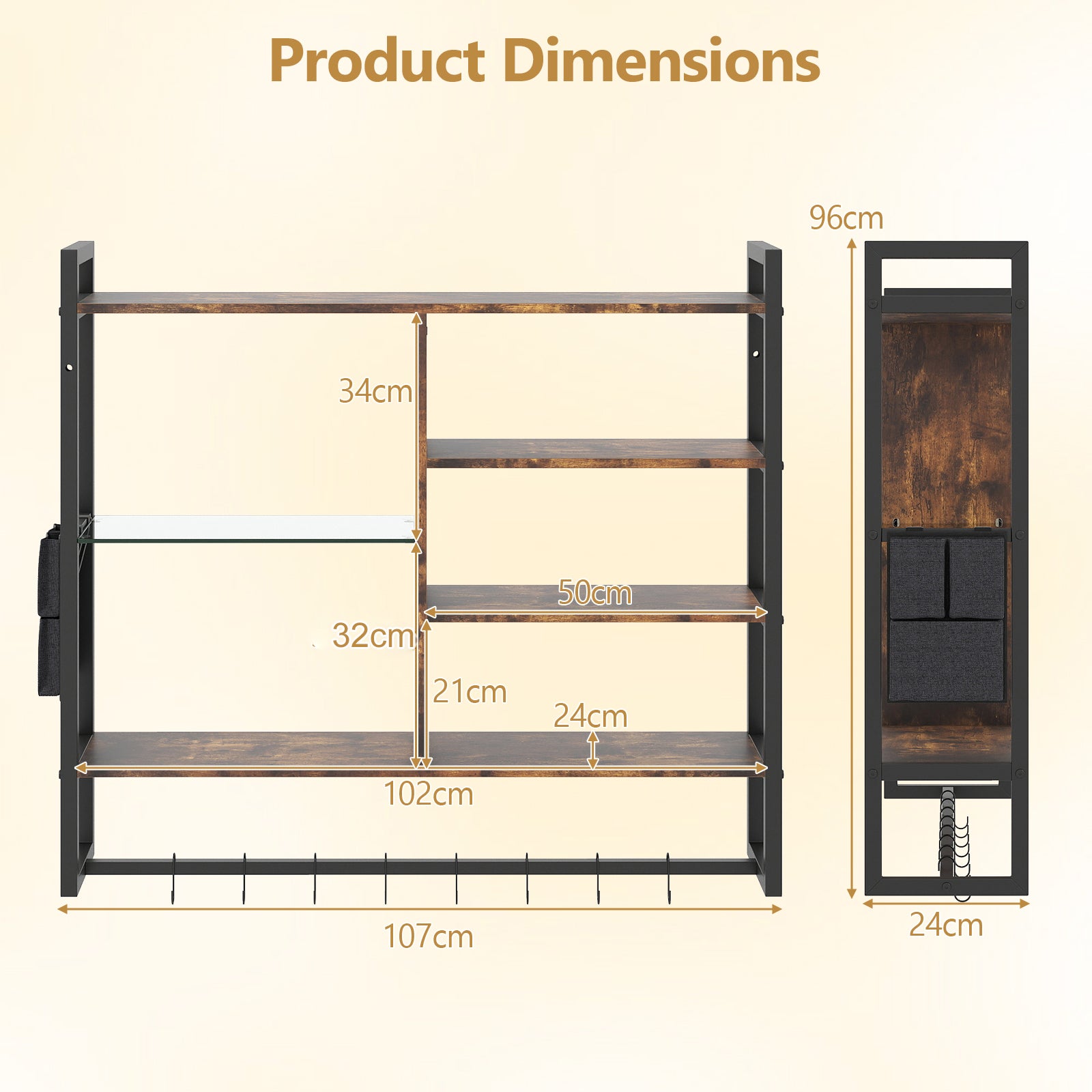 107 CM Industrial Floating Shelves 6-Tier Wall Mounted Shelf with 8 S-Hooks-Black