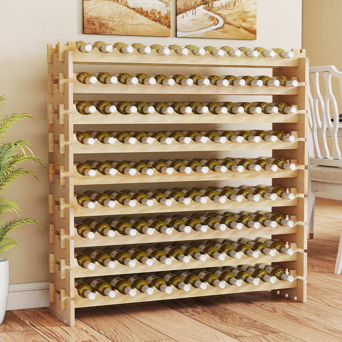 108 Bottles Wine Rack 9-Tier Stackable Wine Storage Stand-Natural
