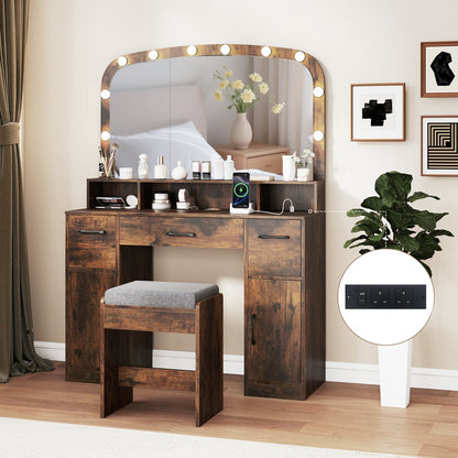 108 CM Wide Vanity Desk with Mirror and Lights for Bedroom-Rustic Brown