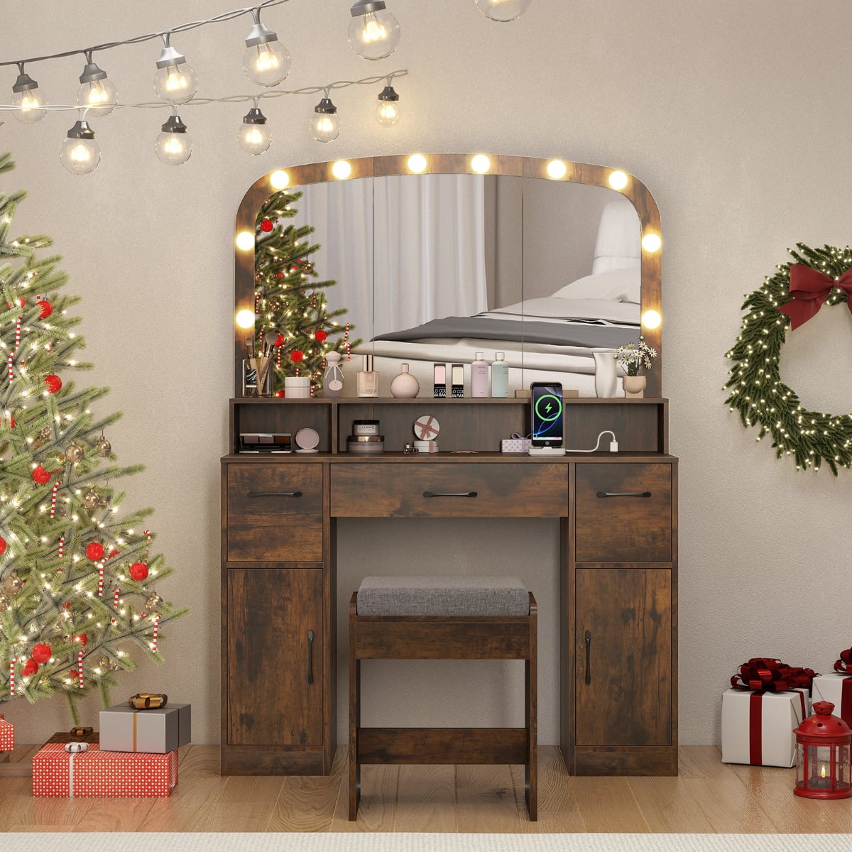 108 CM Wide Vanity Desk with Mirror and Lights for Bedroom-Rustic Brown