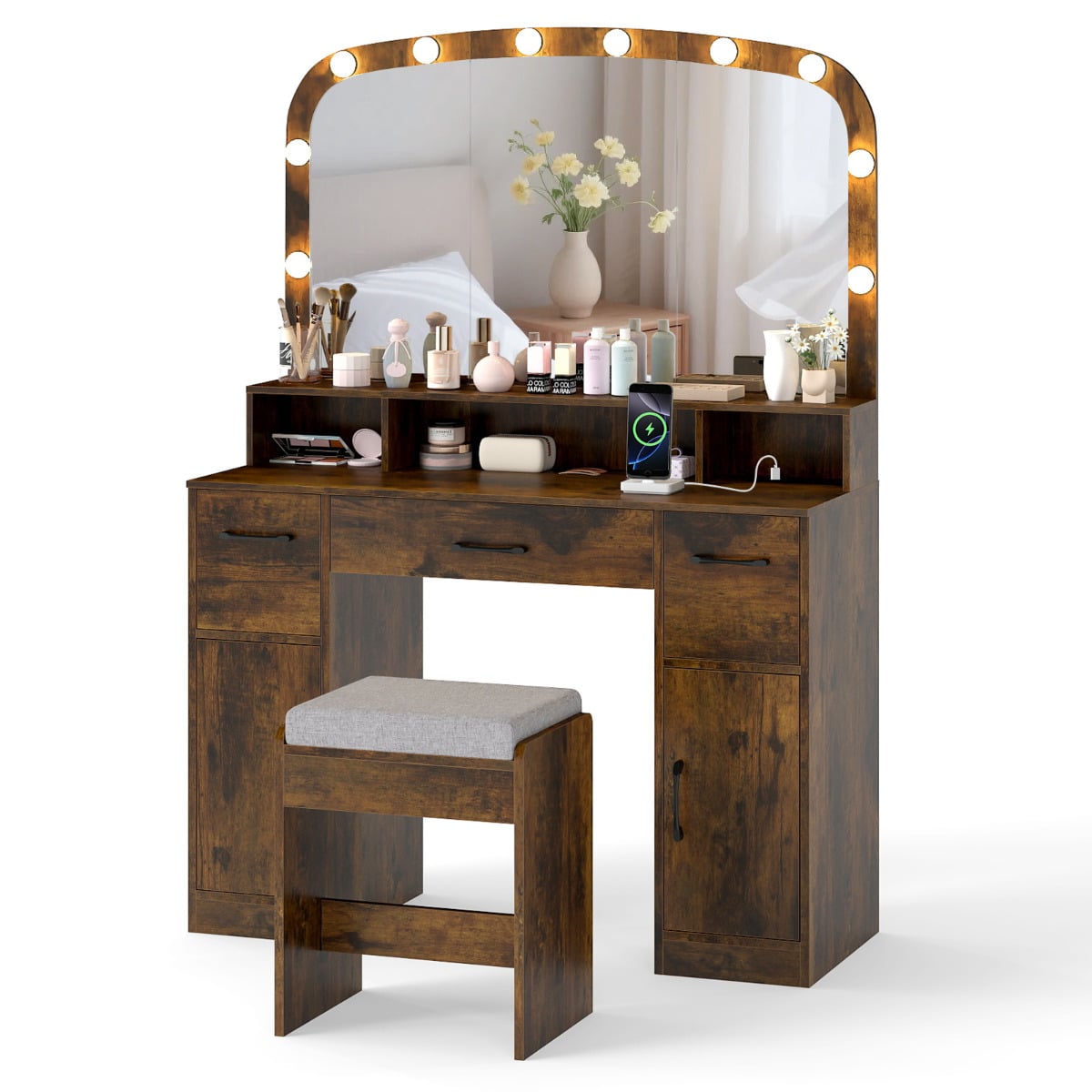 108 CM Wide Vanity Desk with Mirror and Lights for Bedroom-Rustic Brown