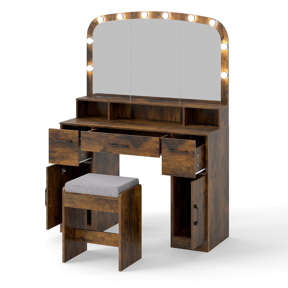 108 CM Wide Vanity Desk with Mirror and Lights for Bedroom-Rustic Brown