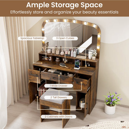 108 CM Wide Vanity Desk with Mirror and Lights for Bedroom-Rustic Brown