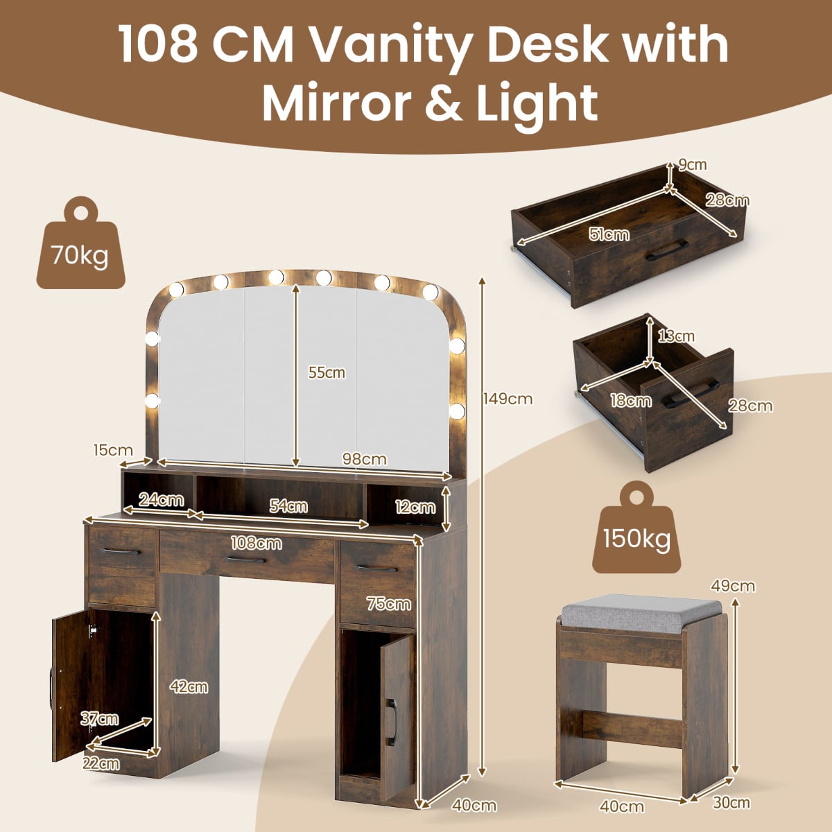 108 CM Wide Vanity Desk with Mirror and Lights for Bedroom-Rustic Brown