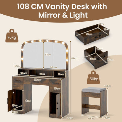 108 CM Wide Vanity Desk with Mirror and Lights for Bedroom-Rustic Brown