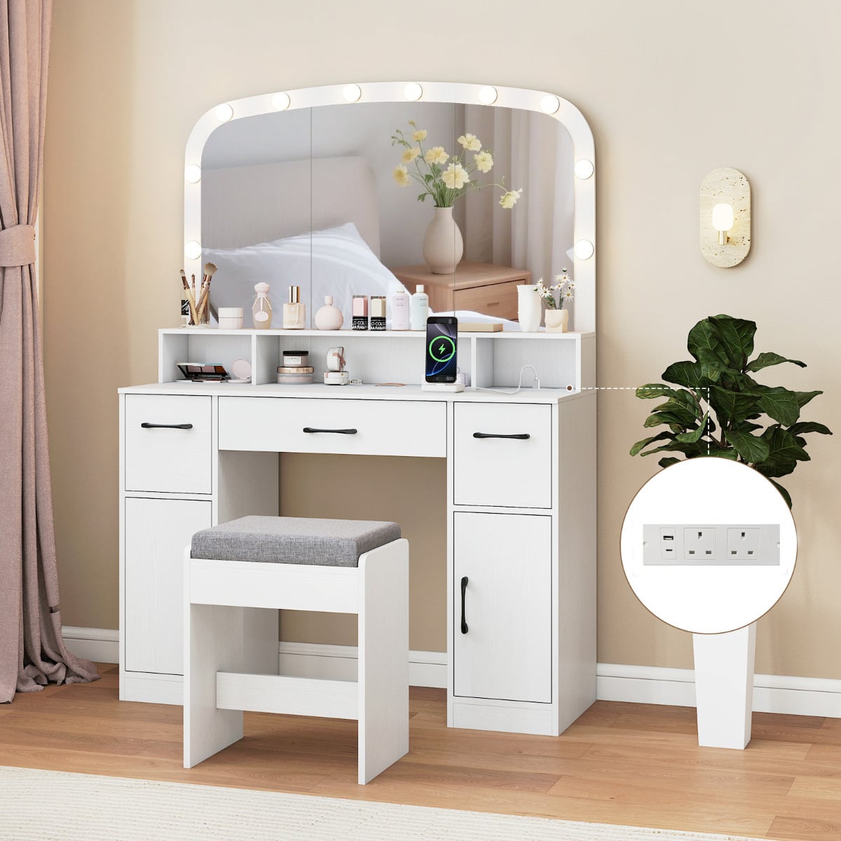 108 CM Wide Vanity Desk with Mirror and Lights for Bedroom-White
