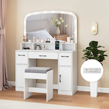 108 CM Wide Vanity Desk with Mirror and Lights for Bedroom-White