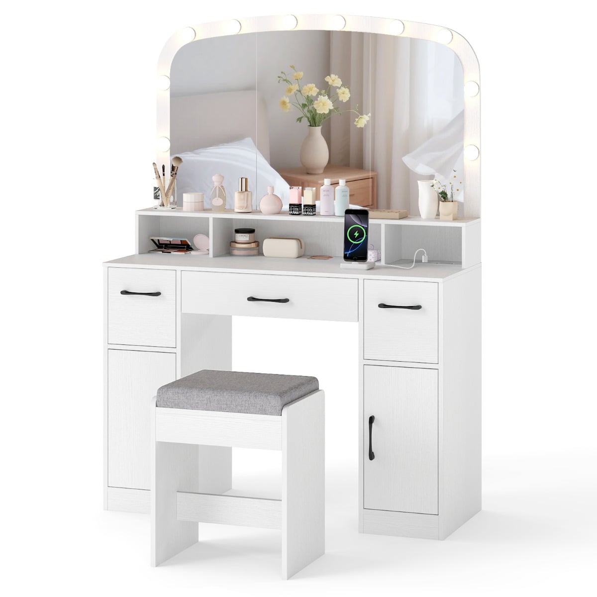 108 CM Wide Vanity Desk with Mirror and Lights for Bedroom-White